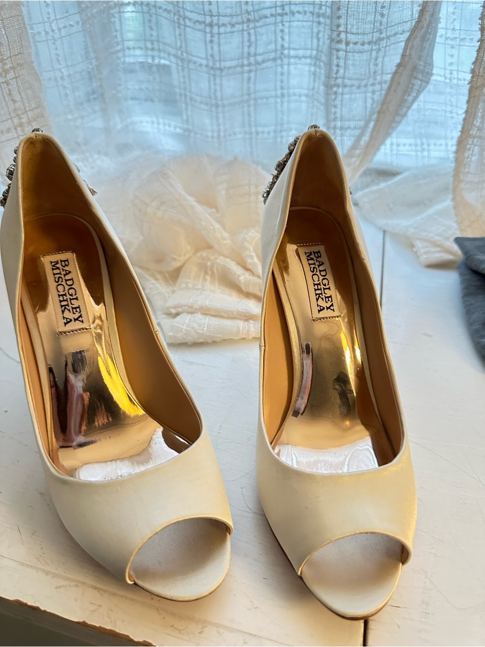 Badgley Mischka Ivory Satin Peep-Toe Heels with Embellished Back